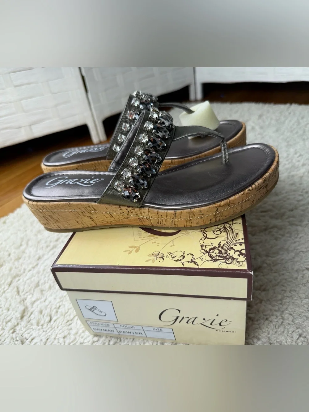 SZ 8 Grazie Black Jeweled Cork Wedge Thong Sandals